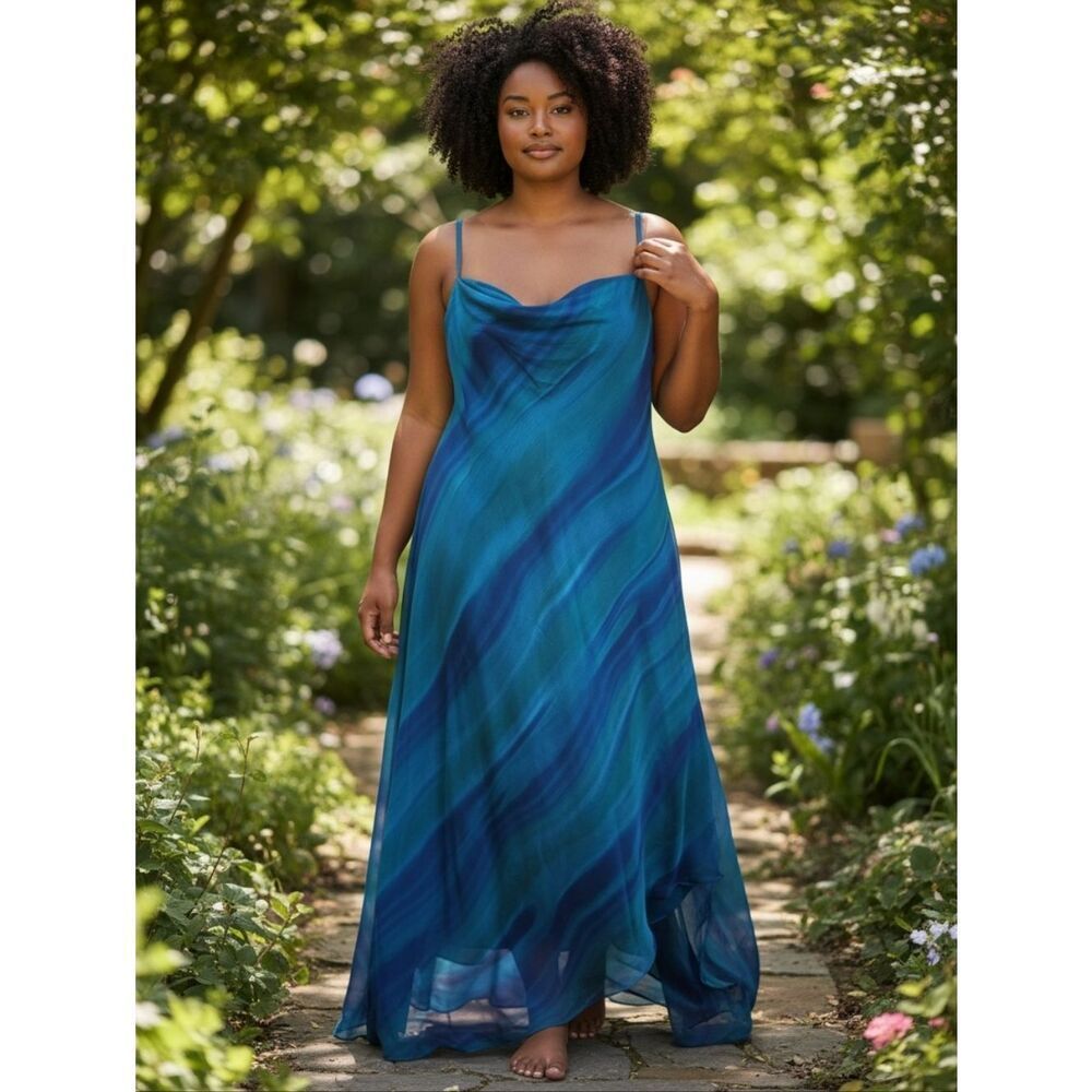 Vintage Cowl Neck Slip Dress in Watercolor Blues Asymmetrical Fishtail Hem Maxi
